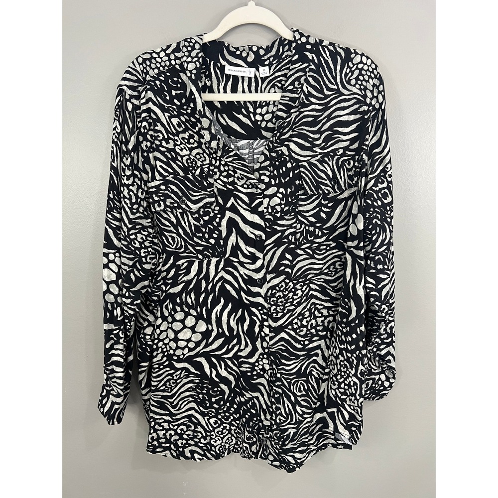 Susan Graver 3X Blouse Black White Mixed Animal Zebra Print Button Up Plus Shirt
